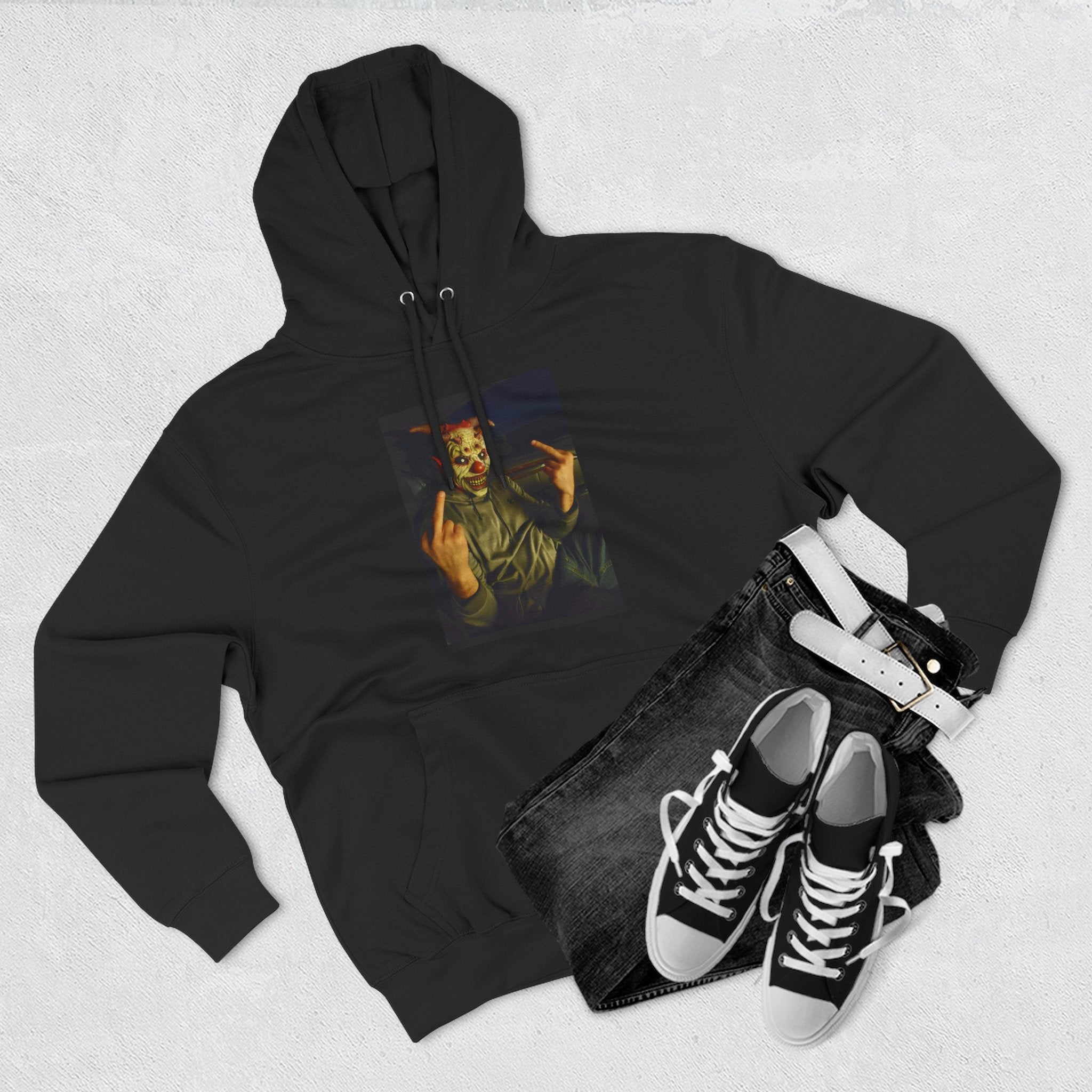 Scare Me Graphic Hoodie — Dark Art Portrait with Hand Gesture Print