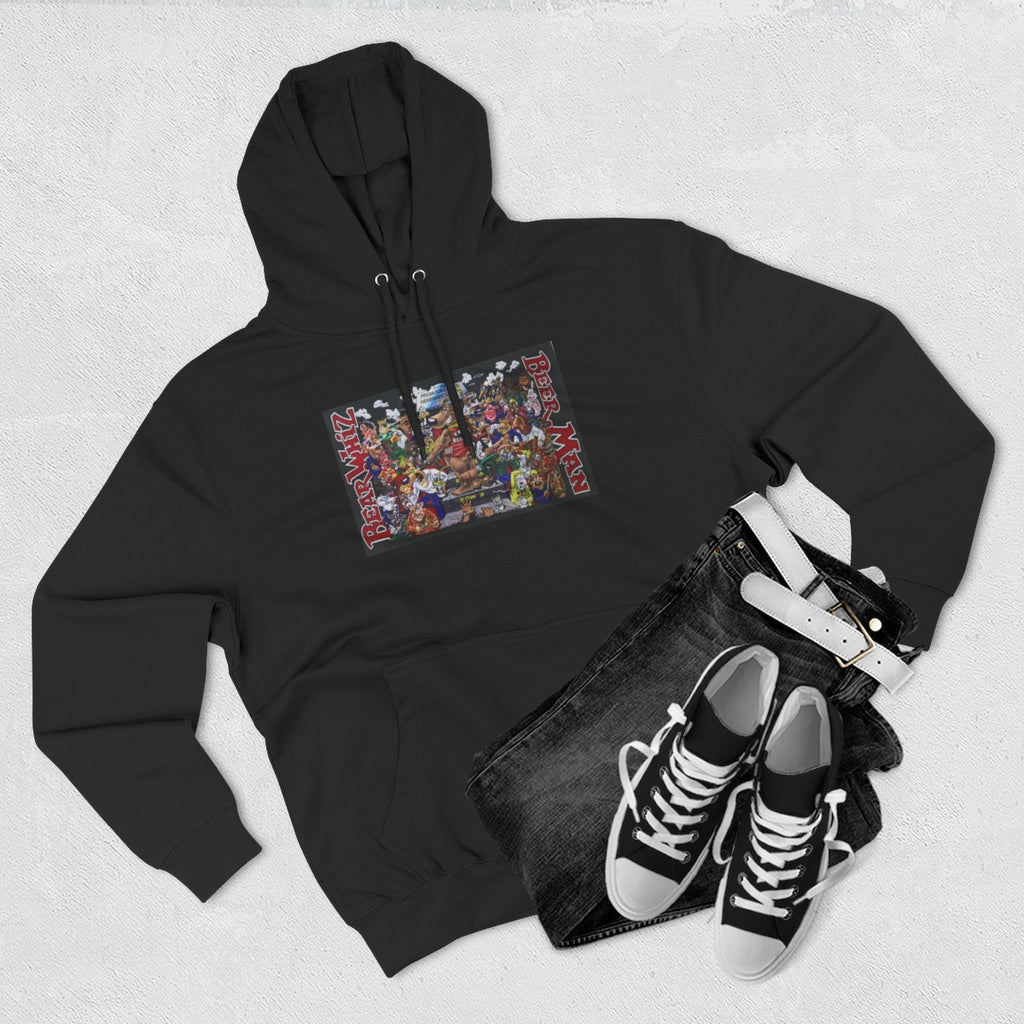 Bear Whiz Beer Beer Man Graphic Hoodie — Colorful Retro Arcade Character Collage