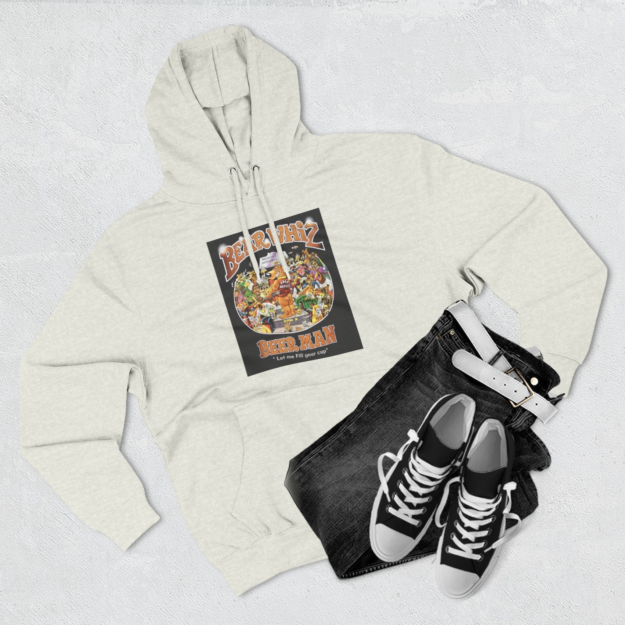 Bear Whiz Beer Fill-em Up Hoodie — Retro Collage Pullover