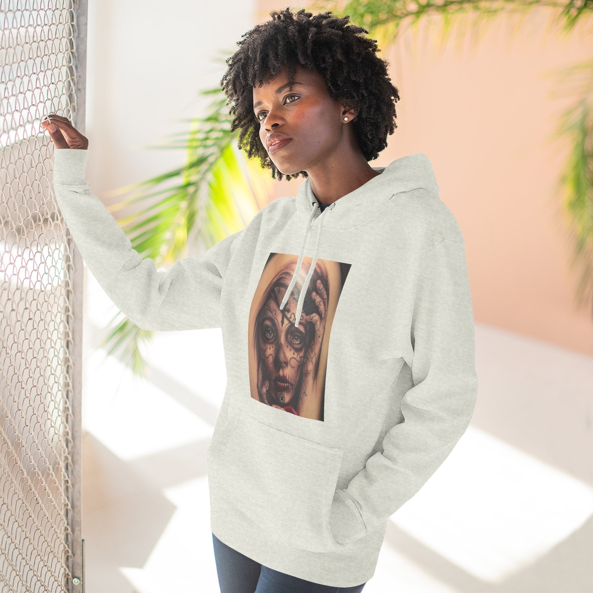 Girl Friends of the Dead Hoodie — Surreal Face Art Three-Panel Graphic Hoodie