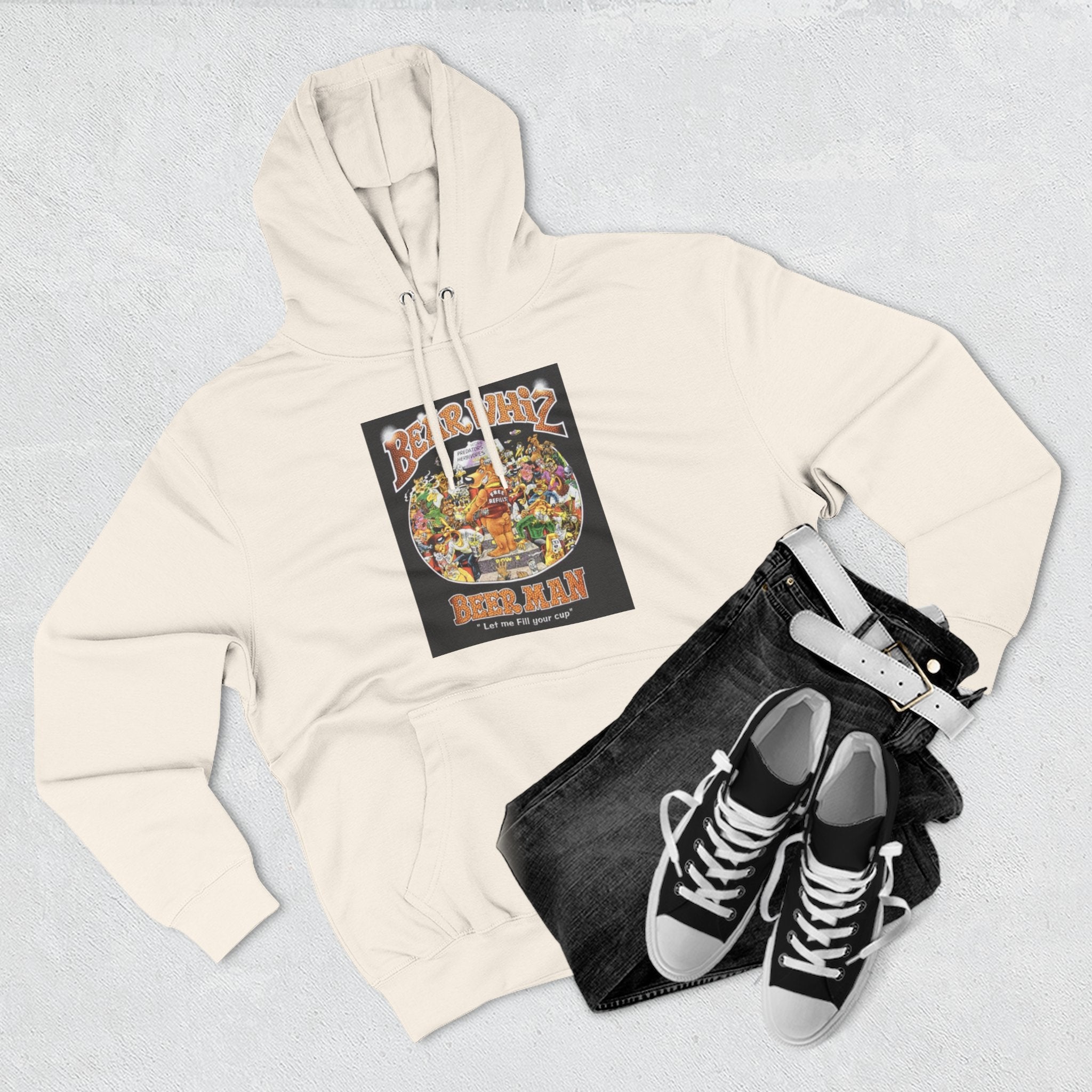 Bear Whiz Beer Fill-em Up Hoodie — Retro Collage Pullover