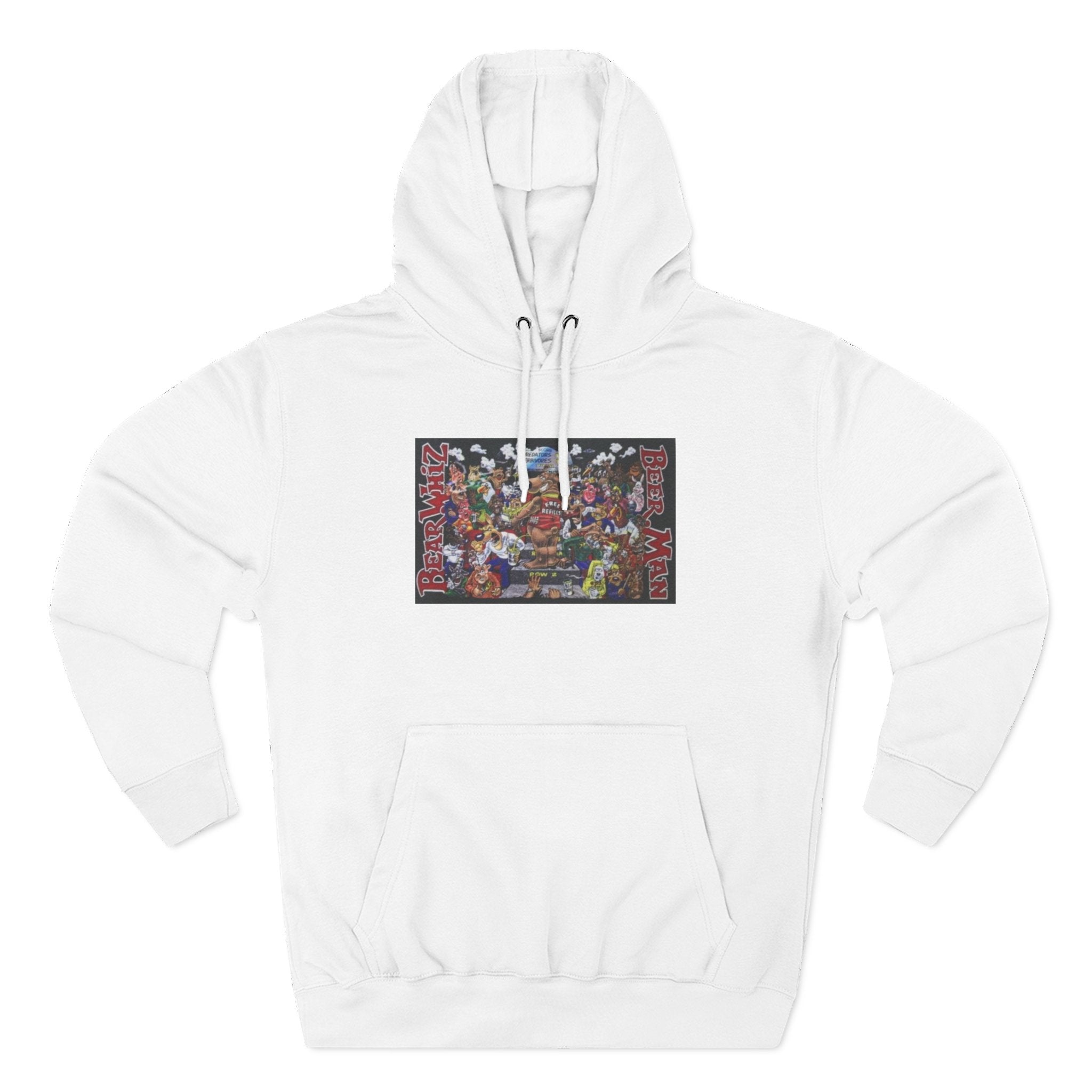 Bear Whiz Beer Beer Man Graphic Hoodie — Colorful Retro Arcade Character Collage