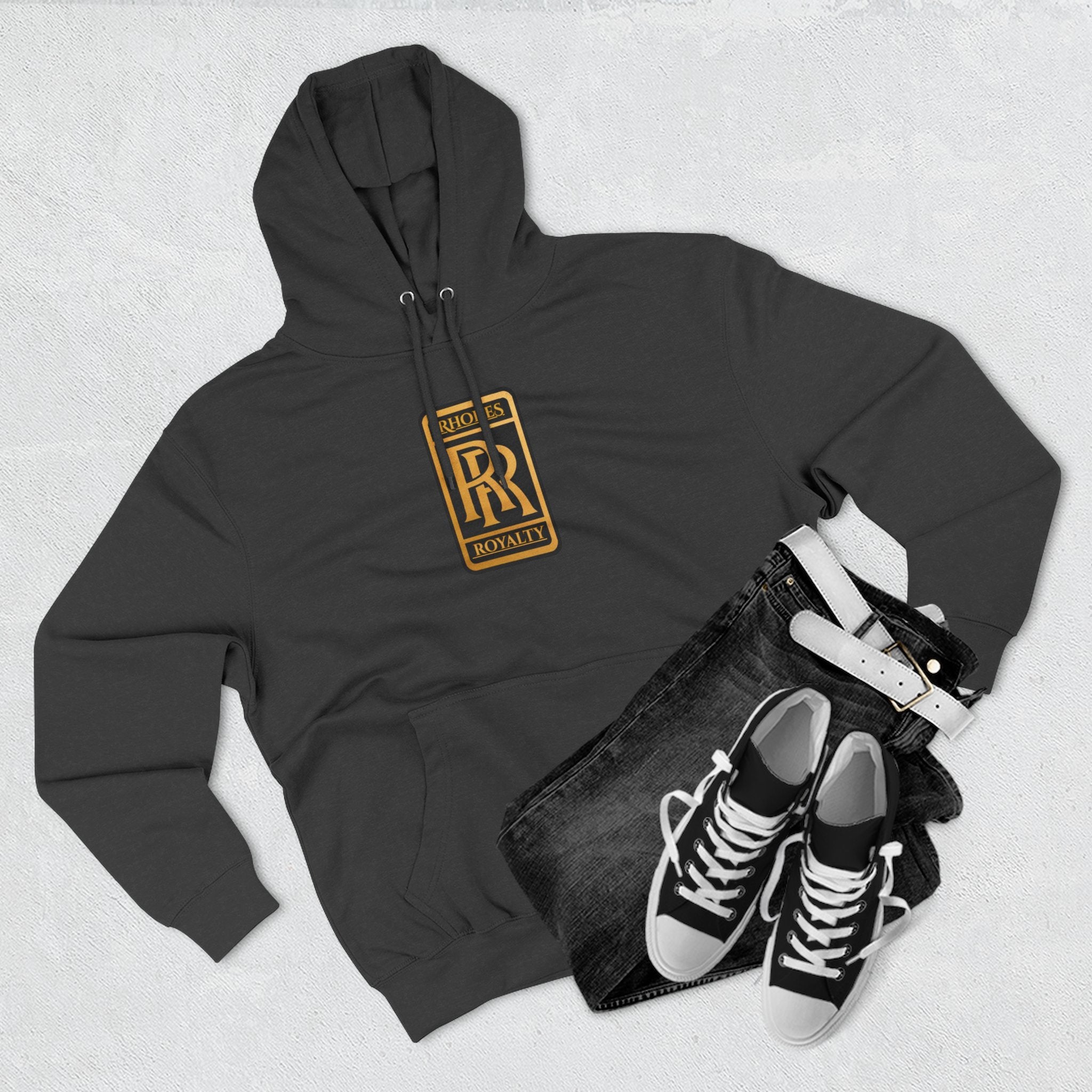 Rhodes Royalty Logo Hoodie — Gold Emblem Fleece Pullover
