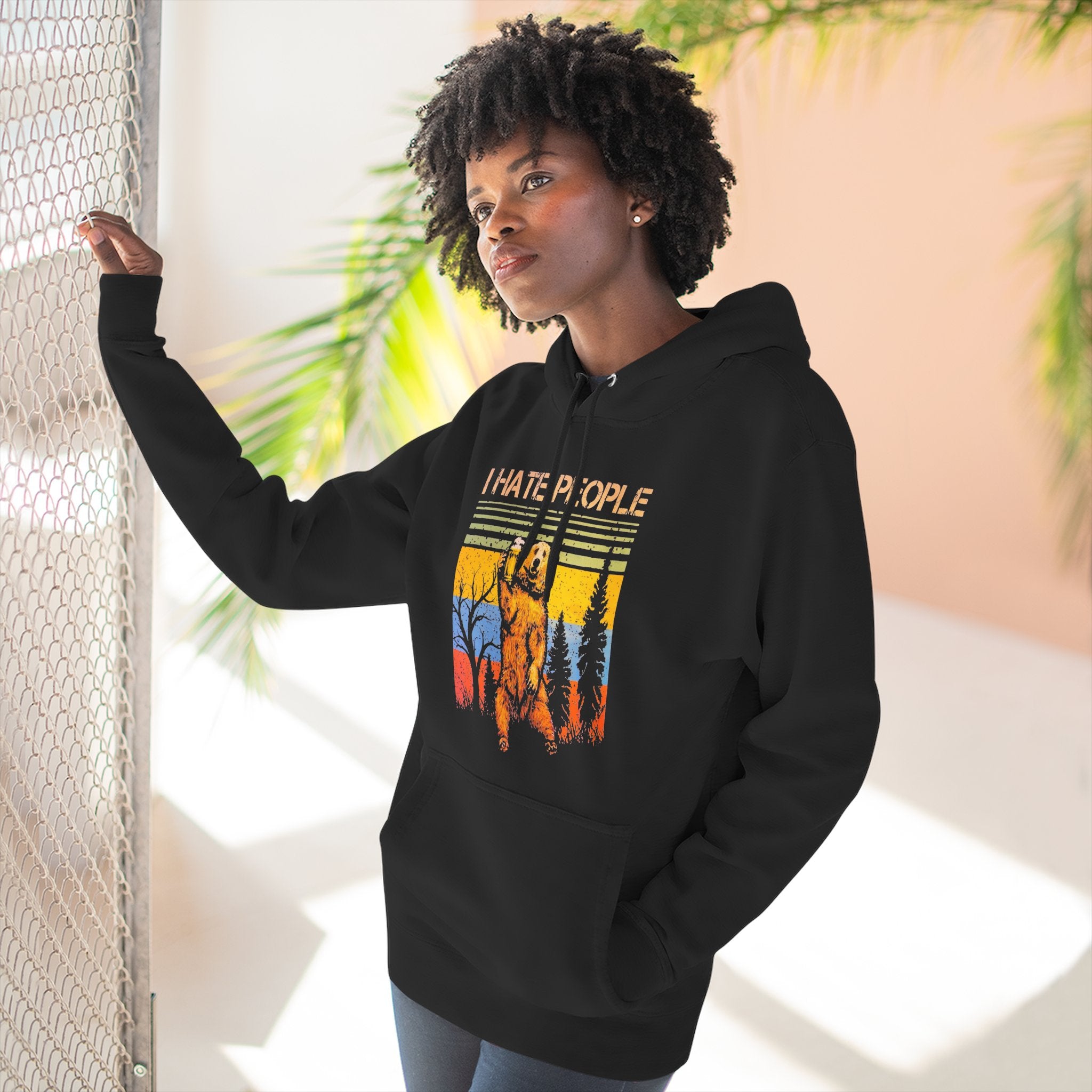 I Hate People Beer Bear Hoodie - comedy fun Retro Sunset Nature Graphic Pullover