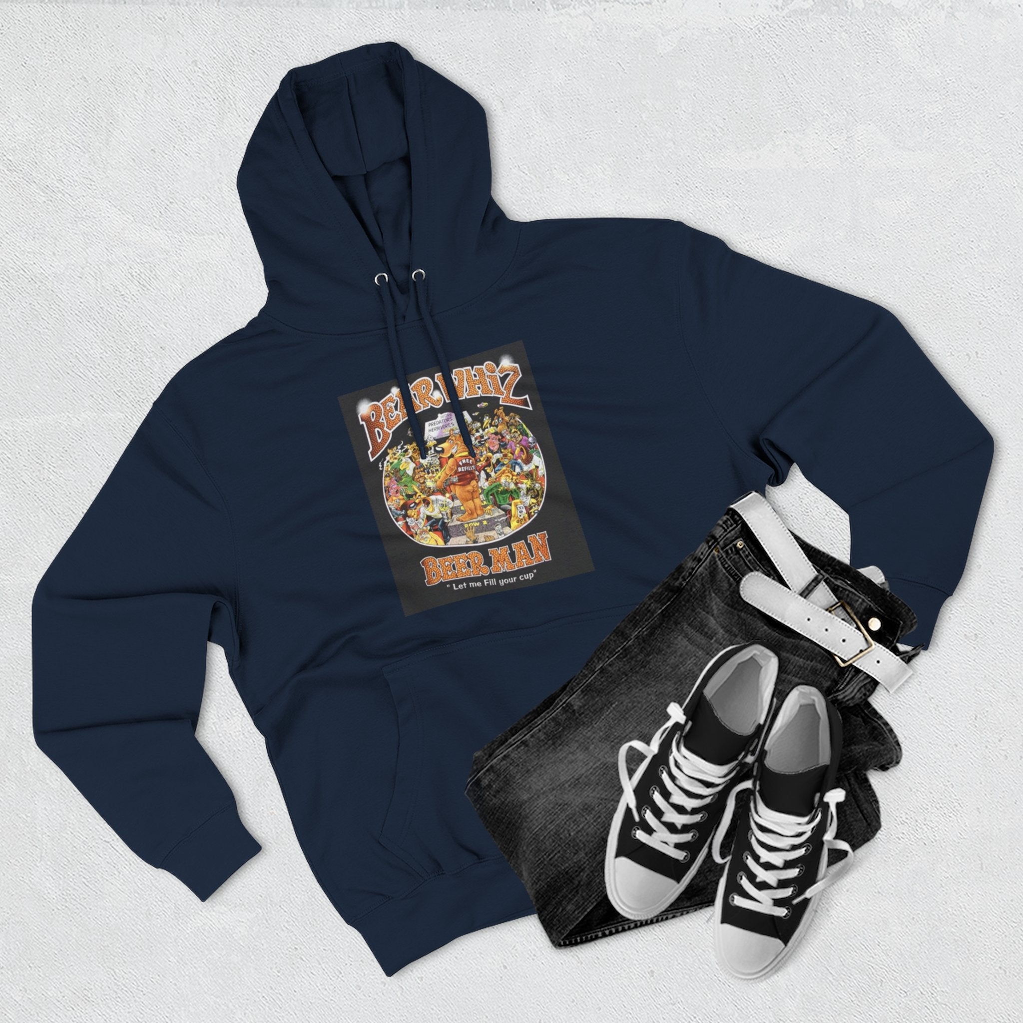 Bear Whiz Beer Fill-em Up Hoodie — Retro Collage Pullover