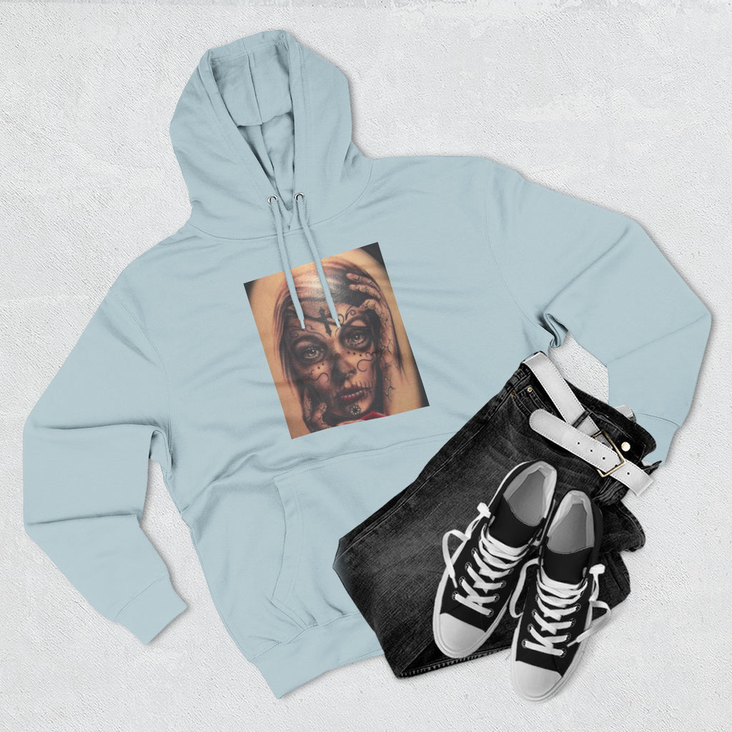 Girl Friends of the Dead Hoodie — Surreal Face Art Three-Panel Graphic Hoodie