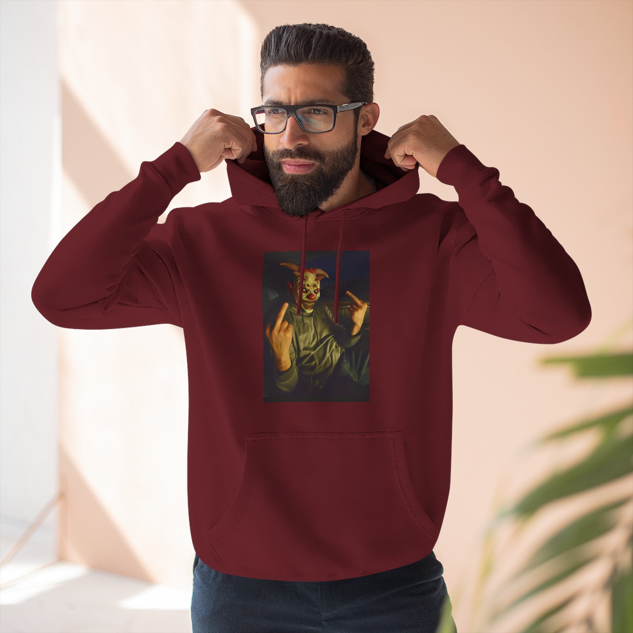 Scare Me Graphic Hoodie — Dark Art Portrait with Hand Gesture Print