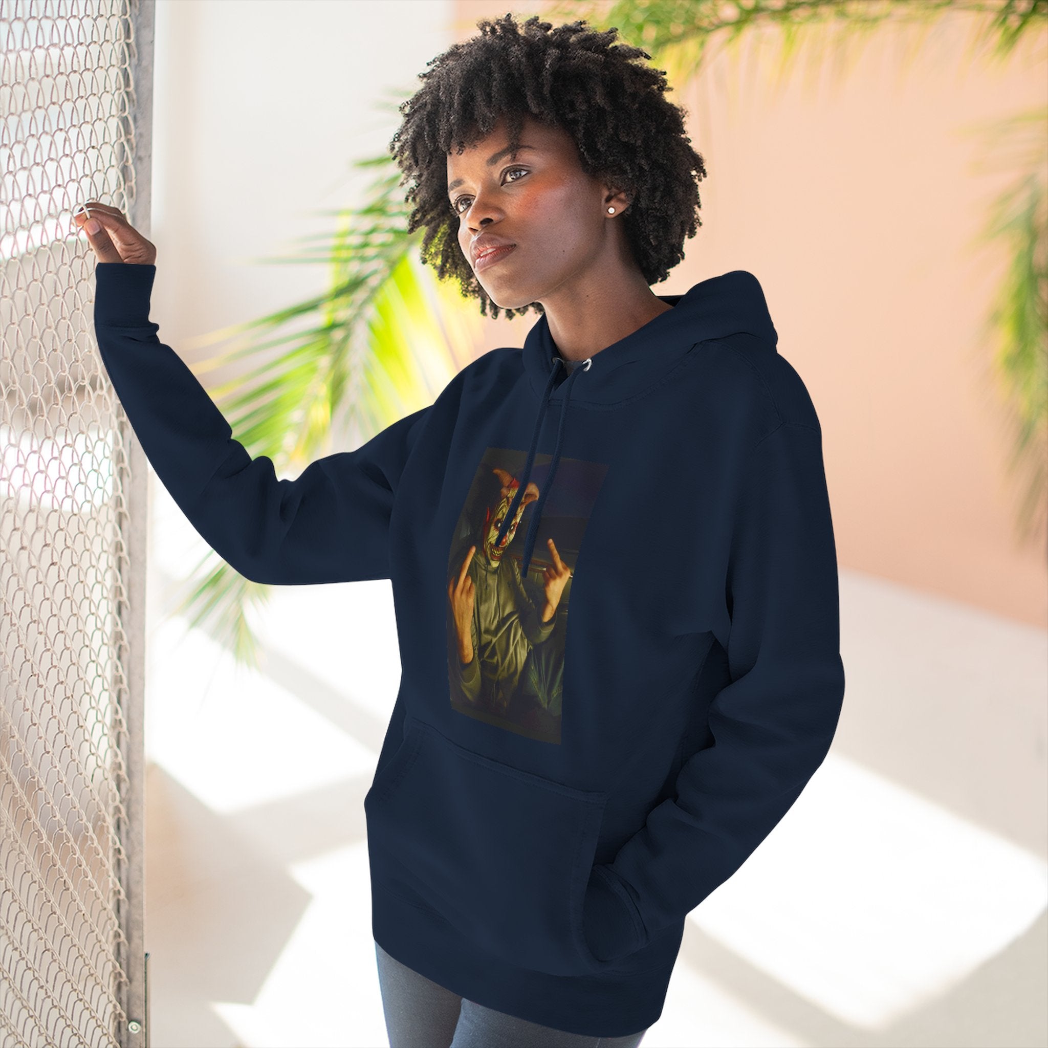 Scare Me Graphic Hoodie — Dark Art Portrait with Hand Gesture Print