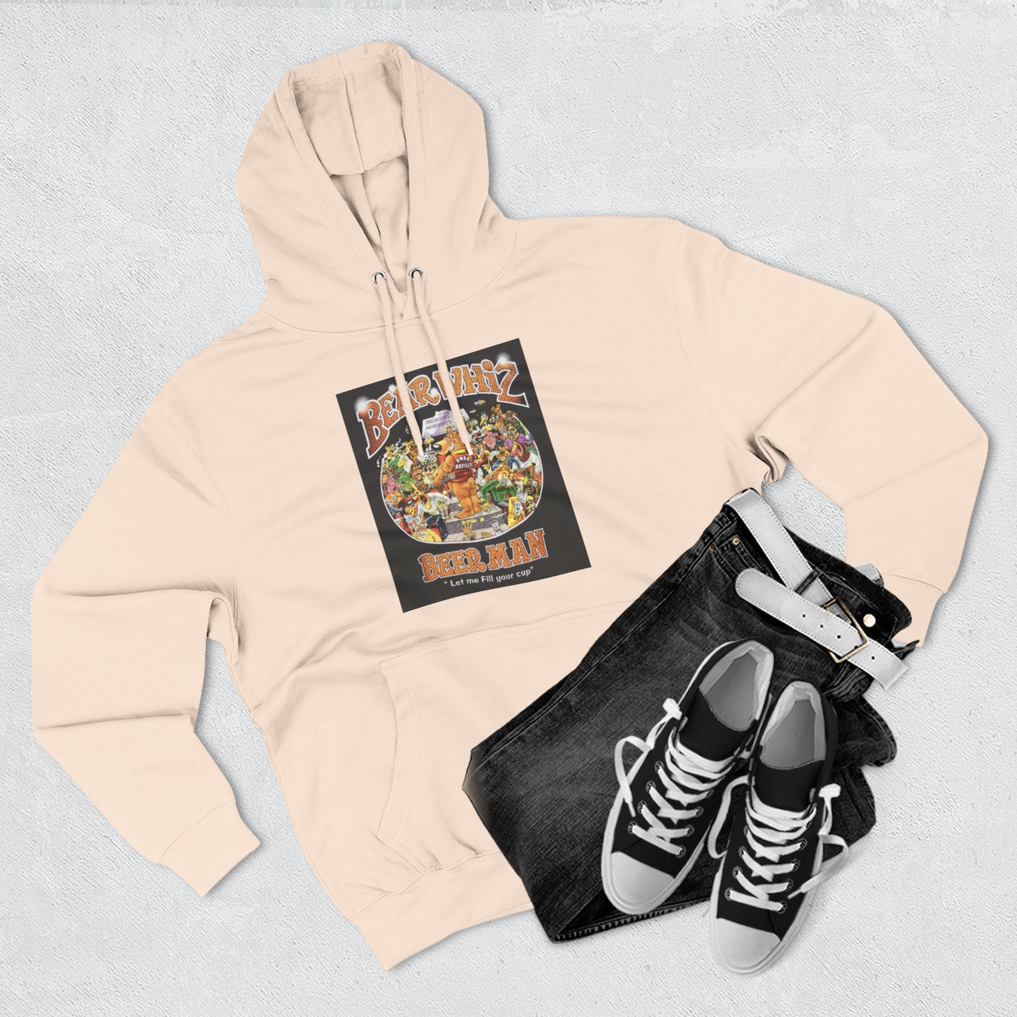 Bear Whiz Beer Fill-em Up Hoodie — Retro Collage Pullover