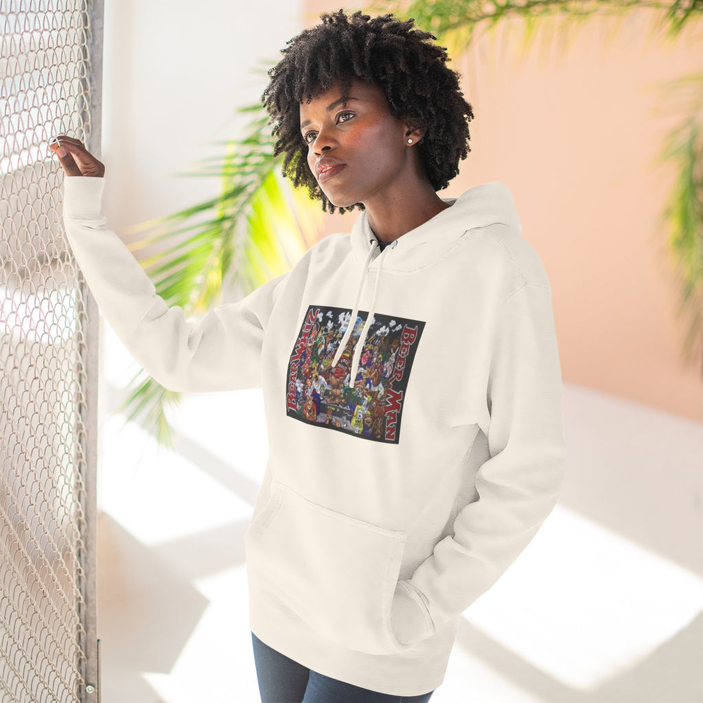 Bear Whiz Beer Beer Man Graphic Hoodie — Colorful Retro Arcade Character Collage