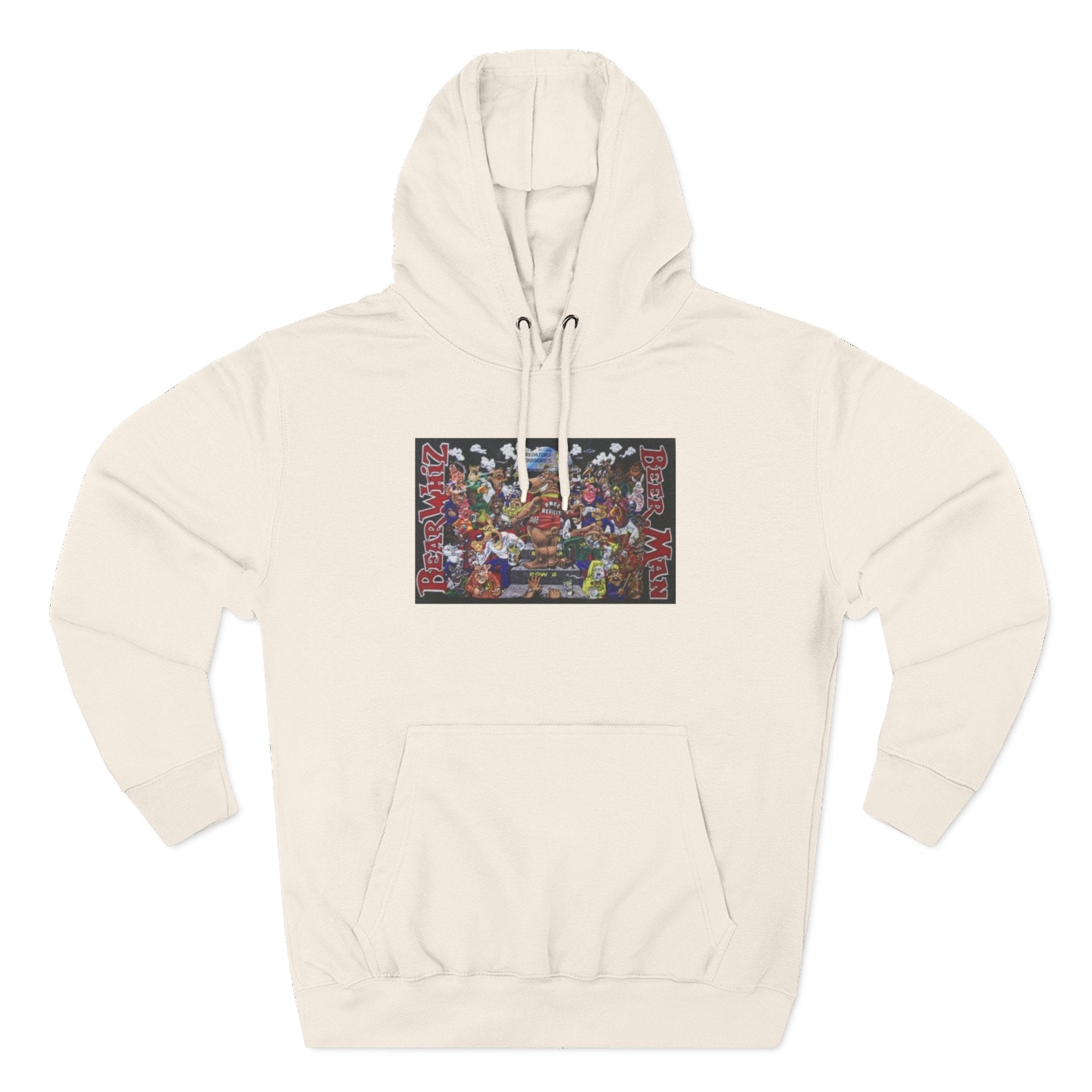 Bear Whiz Beer Beer Man Graphic Hoodie — Colorful Retro Arcade Character Collage