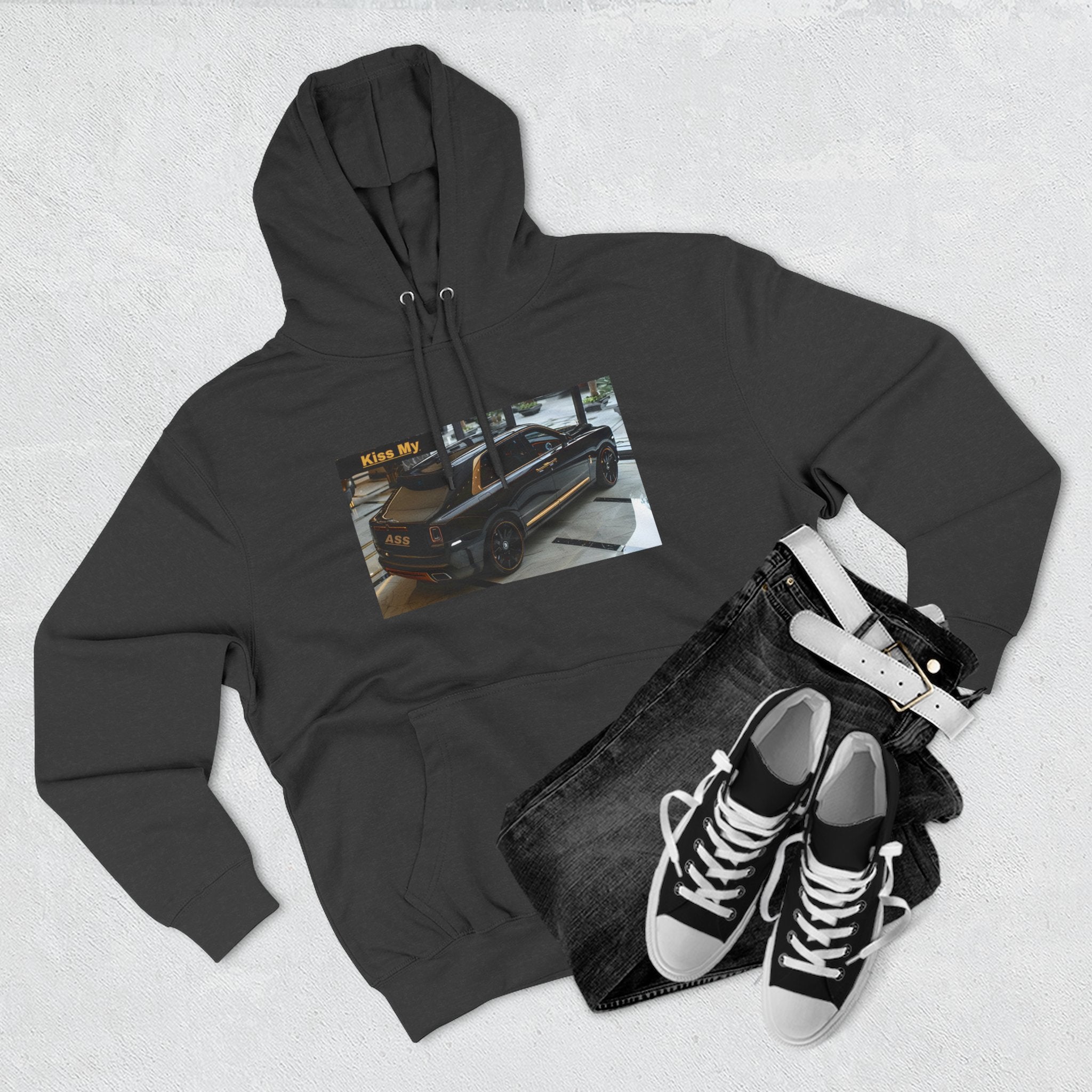 Kiss MY  License plate SUV Hoodie — Vintage Black Muscle Car Graphic Pullover