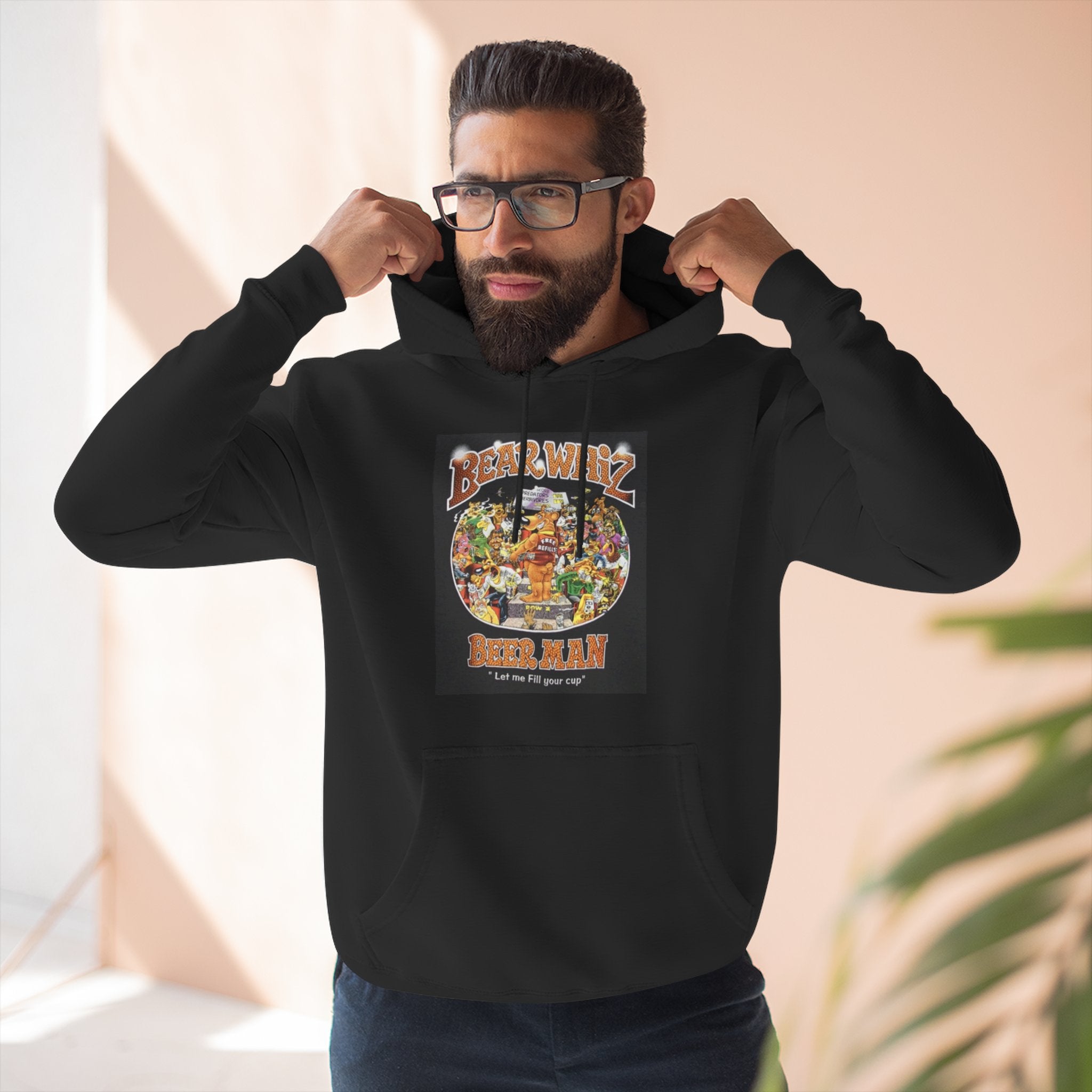 Bear Whiz Beer Fill-em Up Hoodie — Retro Collage Pullover