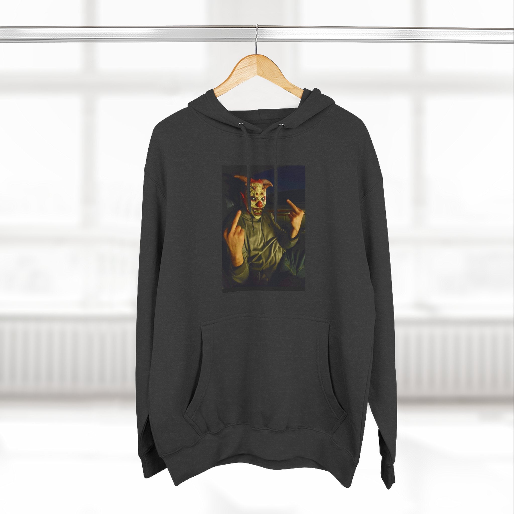 Scare Me Graphic Hoodie — Dark Art Portrait with Hand Gesture Print
