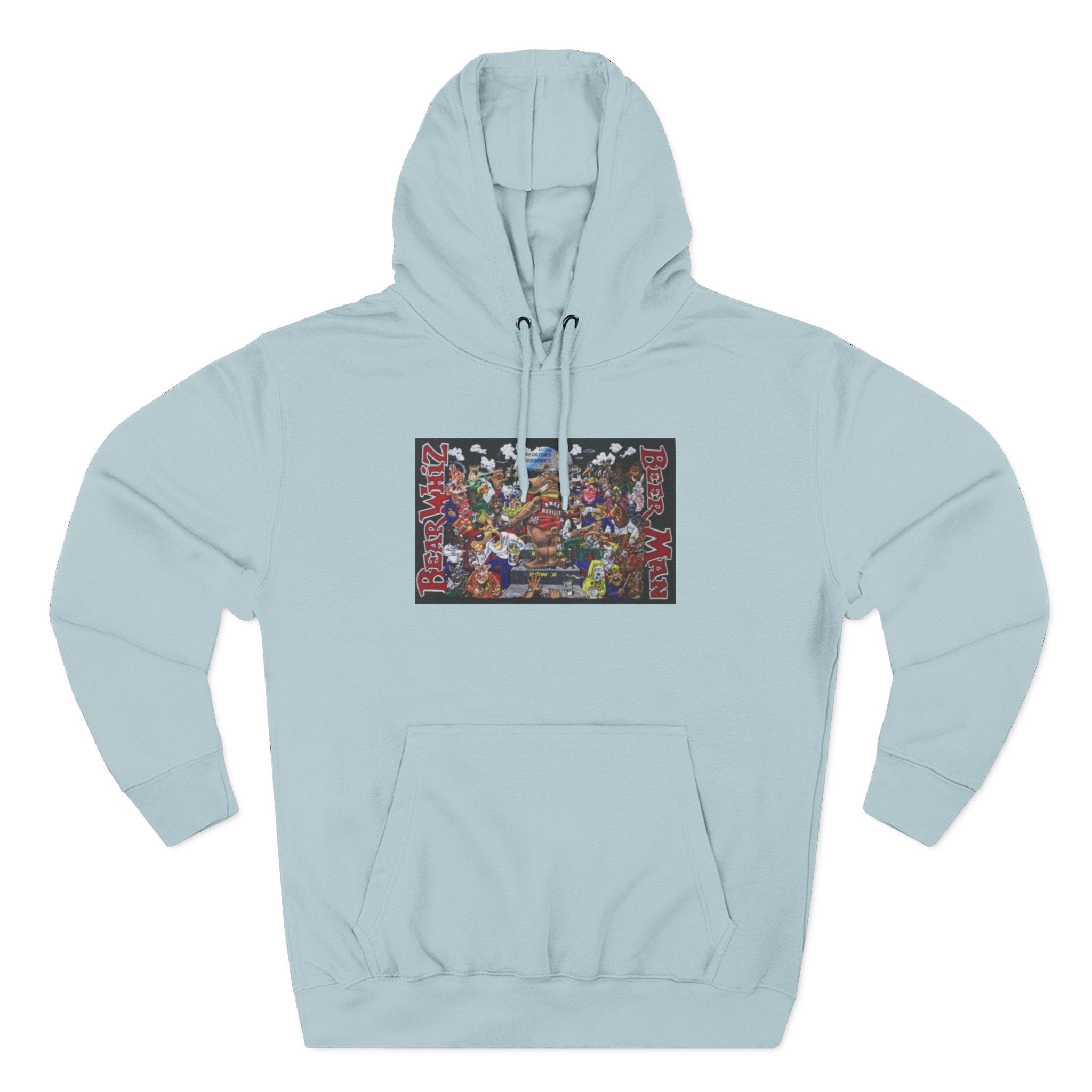 Bear Whiz Beer Beer Man Graphic Hoodie — Colorful Retro Arcade Character Collage
