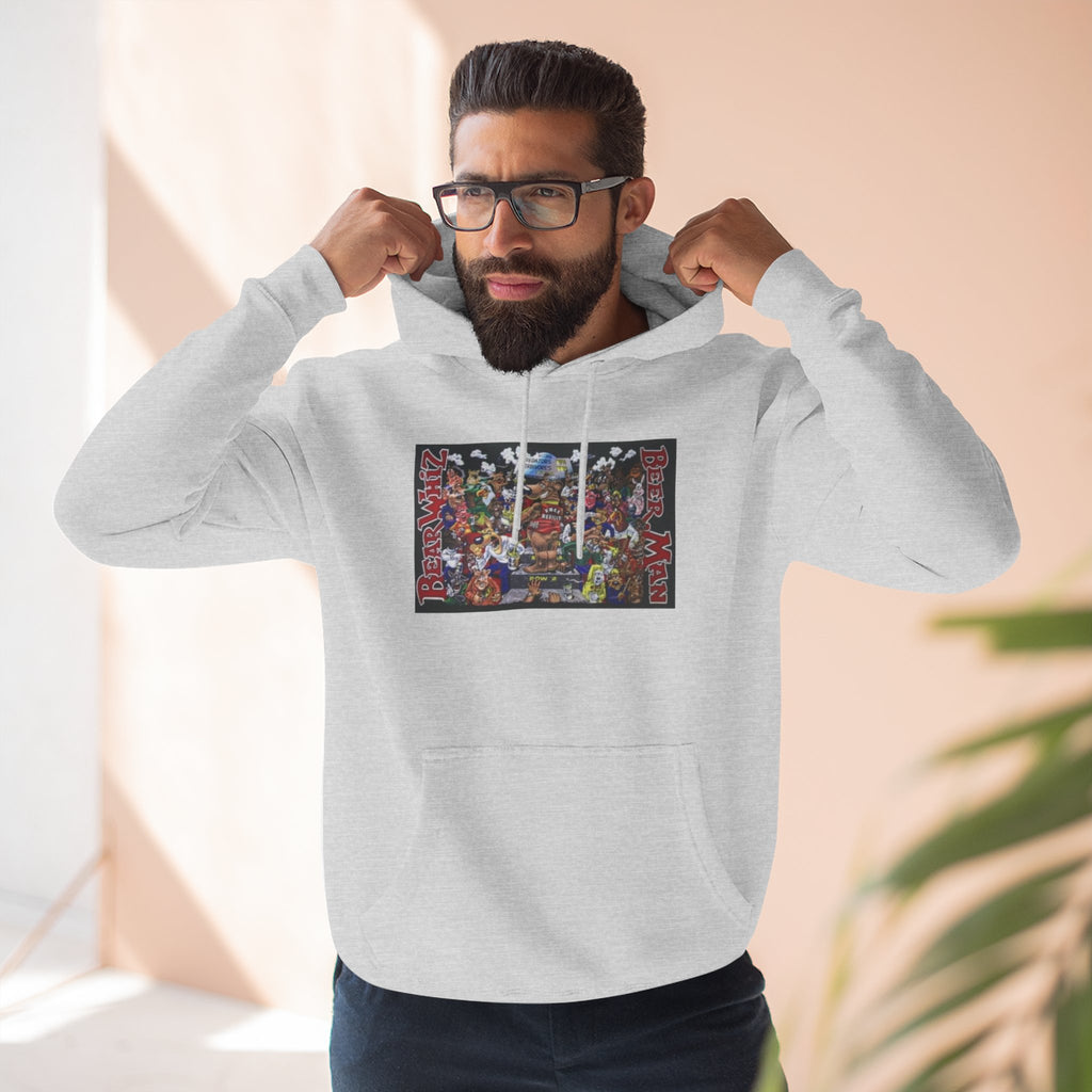 Bear Whiz Beer Beer Man Graphic Hoodie — Colorful Retro Arcade Character Collage