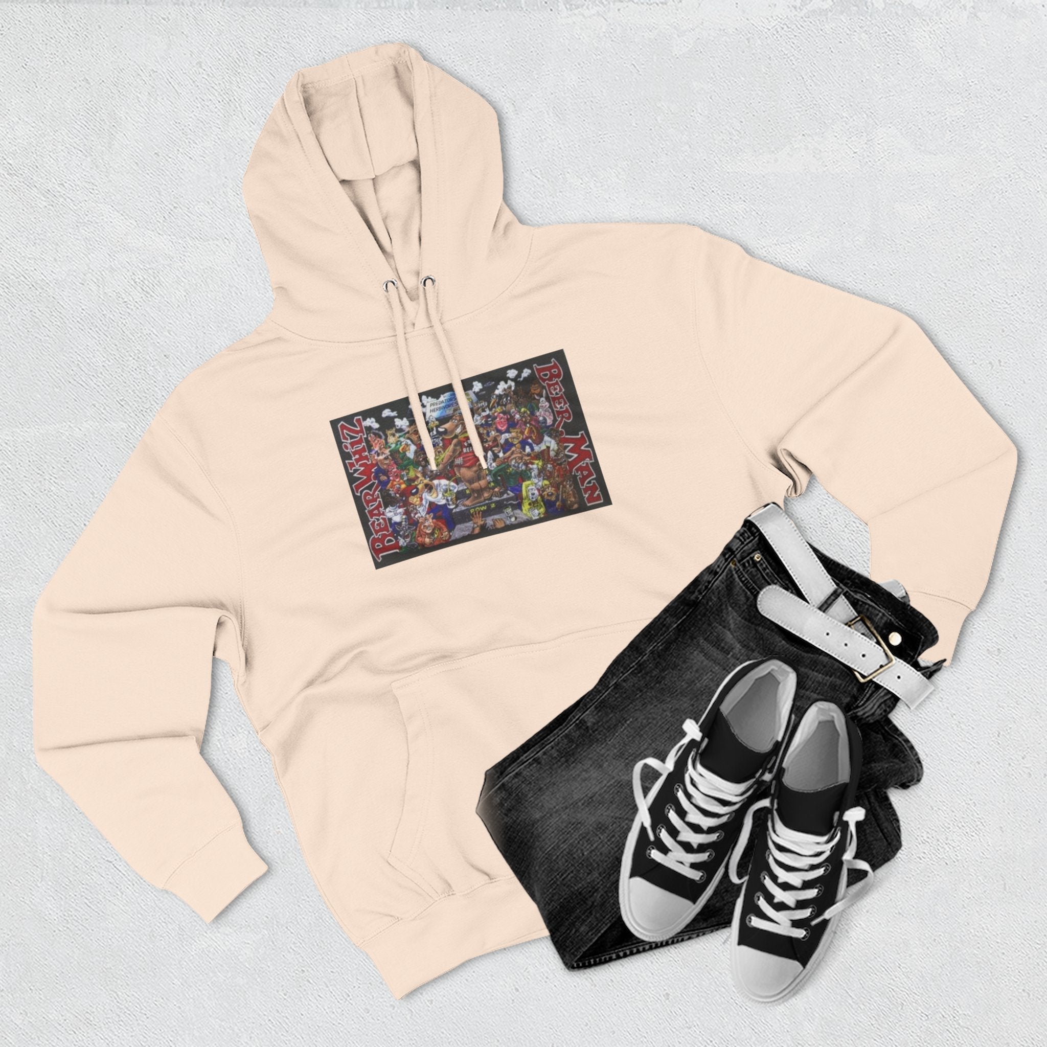 Bear Whiz Beer Beer Man Graphic Hoodie — Colorful Retro Arcade Character Collage